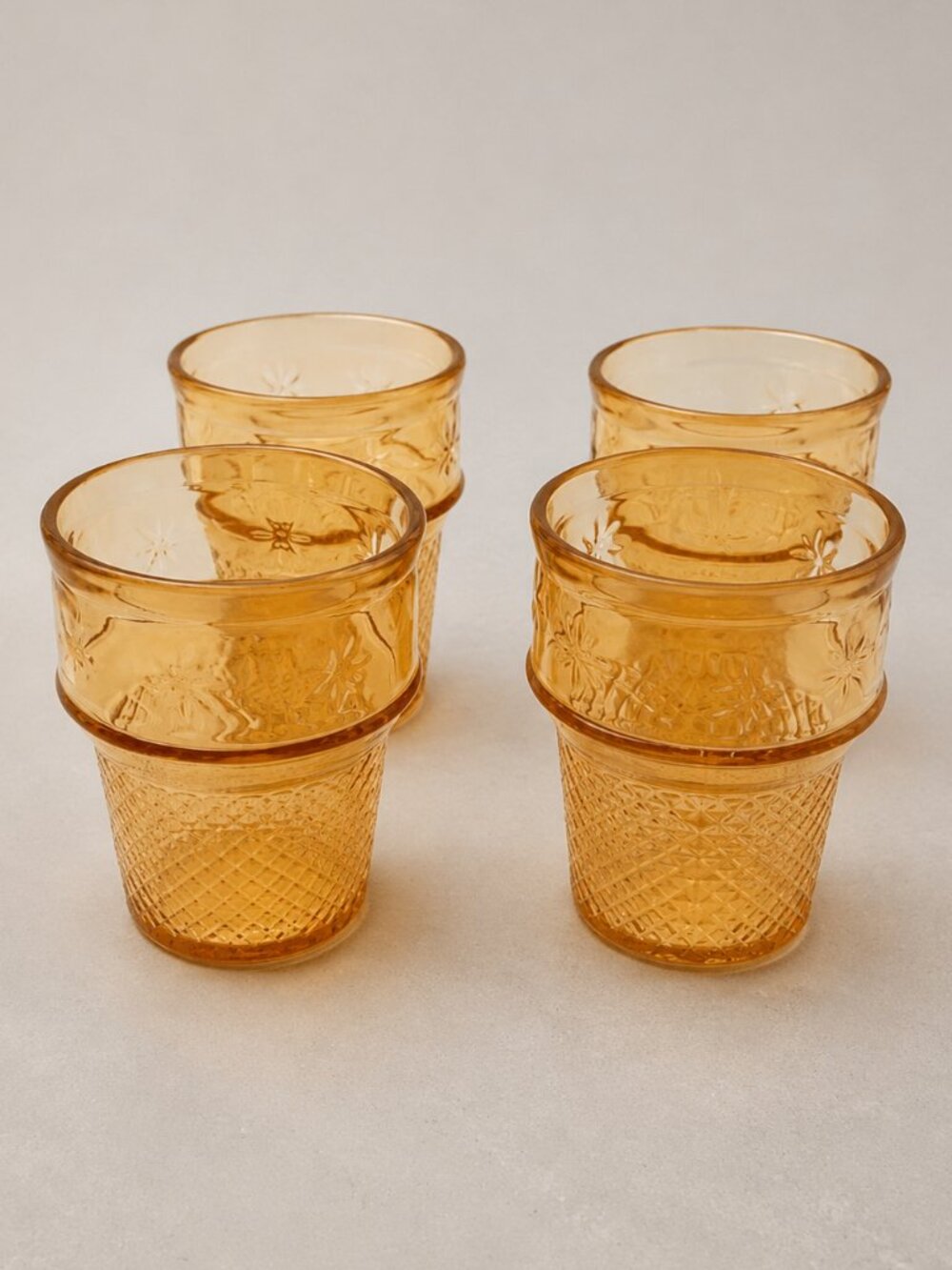 VTG Dugan Marigold Carnival Glass "Lattice & Daisy" Tumblers (4) 8oz Glassware